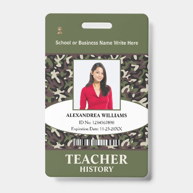 Teacher Employee Photo Name Camo Pattern ID Custom Badge (Front)