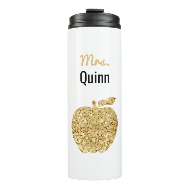 Teacher Faux Sequin Gold Apple Personalised Glam Thermal Tumbler (Front)