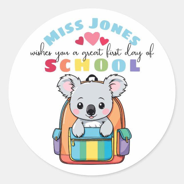 teacher first day of term class welcome cute koala classic round sticker (Front)