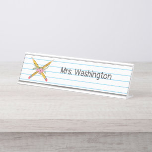 Teacher Floral Yellow Pencils Notebook Stripes Desk Name Plate