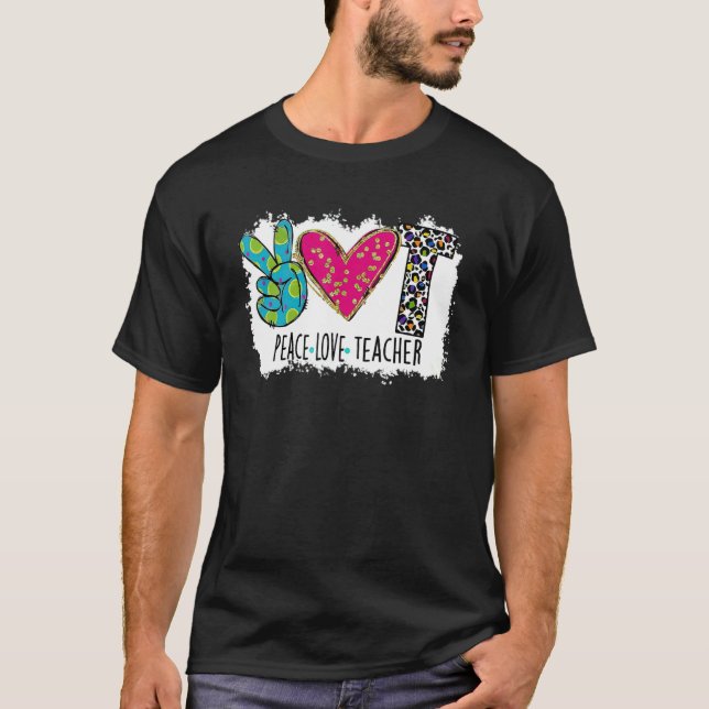 Teacher Fun Peace Love Teacher Colourful Leopard T-Shirt (Front)