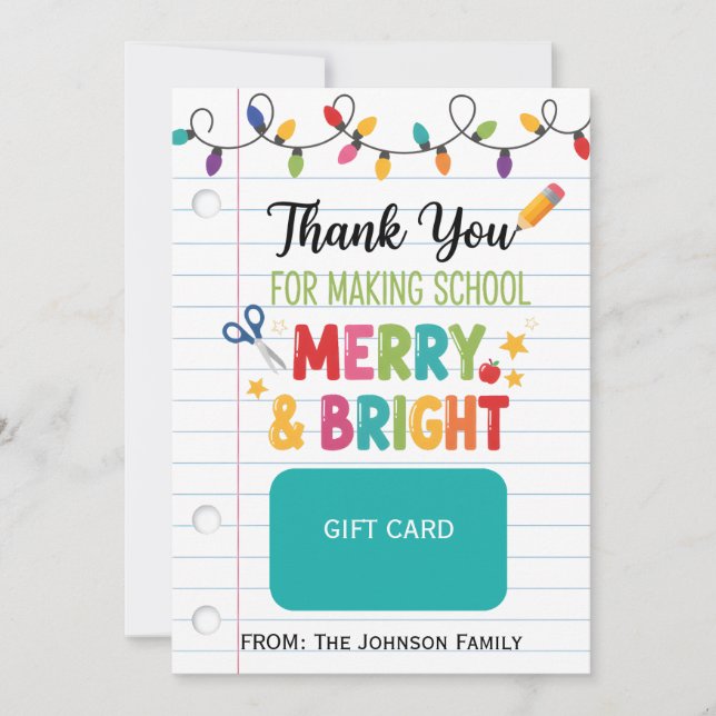 Teacher Gift Card Holder Merry & Bright Christmas (Front)