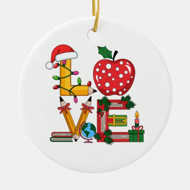 Teacher Gift | Love Pencil Apple Books Ceramic Tree Decoration (Front)