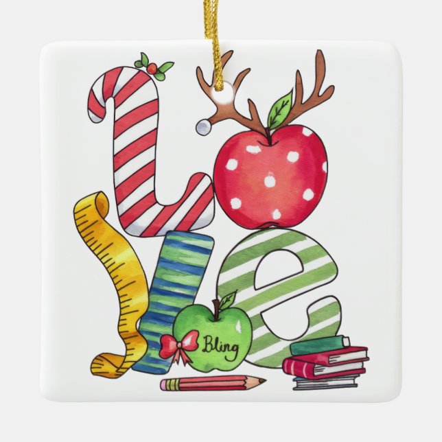Teacher Gift | Love Pencil Apple Ceramic Ornament (Front)