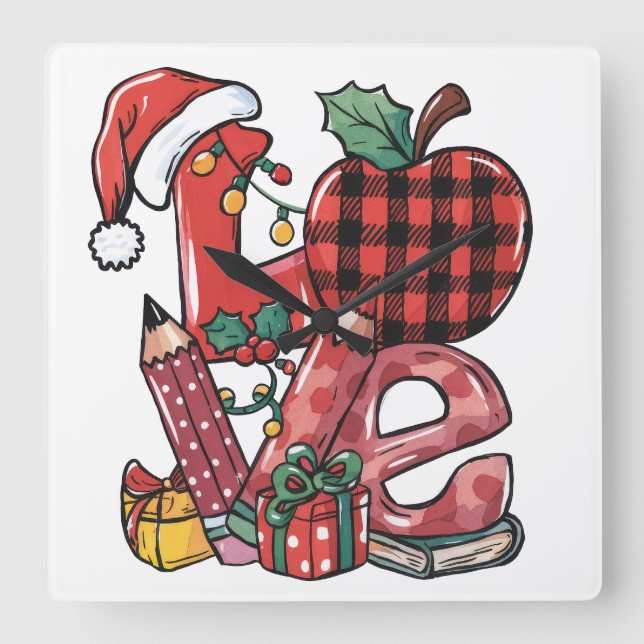 Teacher Gift | Merry Christmas Love Square Wall Clock (Front)
