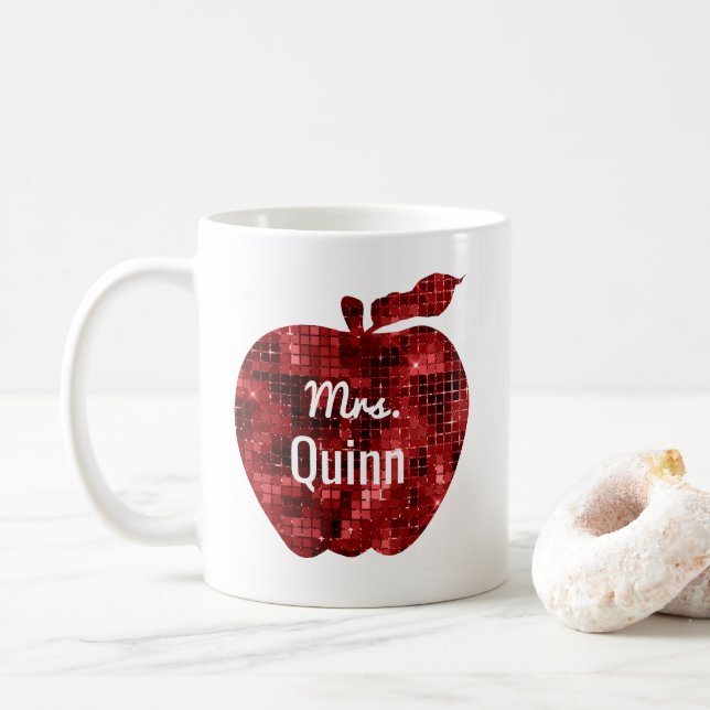 Teacher Glam Faux Sequin Red Apple Personalised Coffee Mug (With Donut)