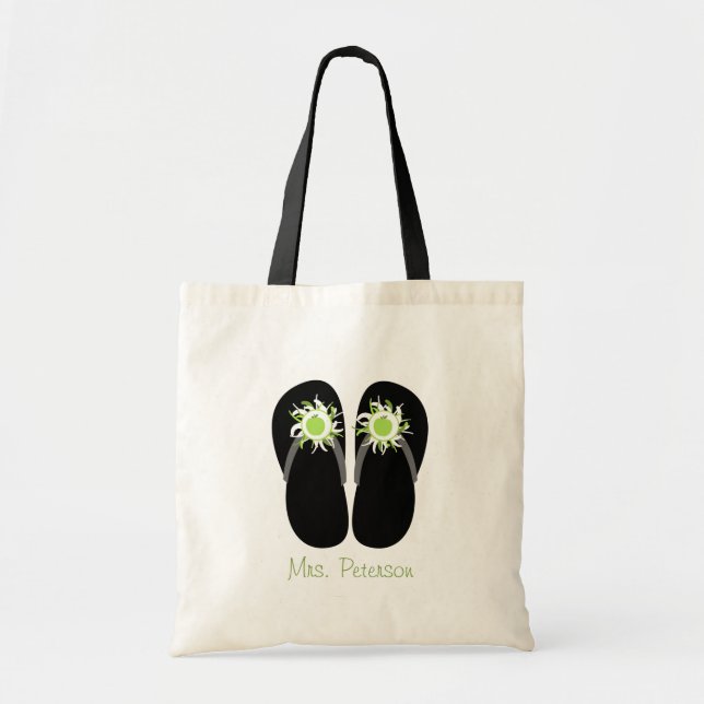 Teacher Green Apple Flip Flops With Pom Poms Tote Bag (Front)