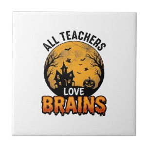 Teacher Halloween Love Brains Vintage Design_1 Tile