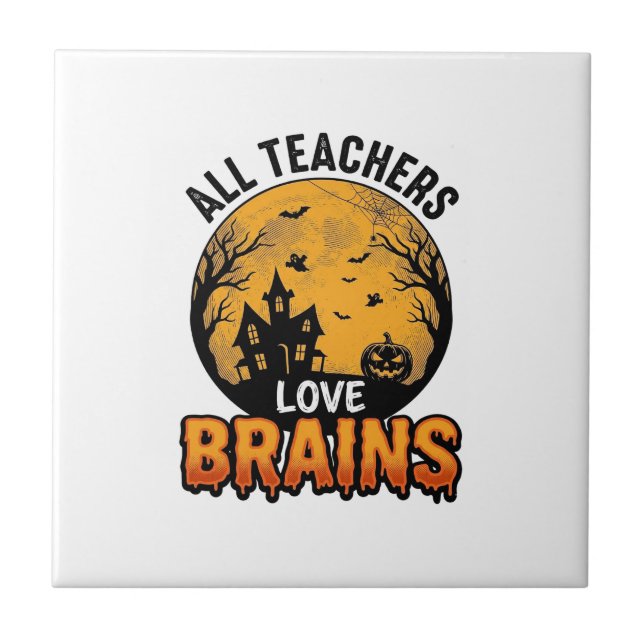 Teacher Halloween Love Brains Vintage Design_1 Tile (Front)