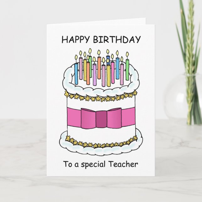 Teacher Happy Birthday Cartoon Cake Card (Front)