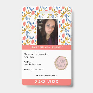 Teacher Homeschooling School Mum ID Botanical  Badge