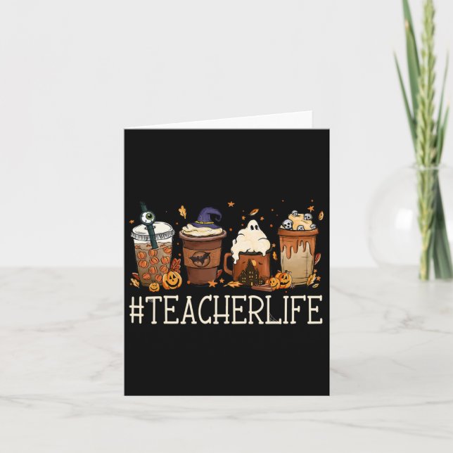 Teacher Horror Fall Coffee Spooky Halloween Pumpki Card (Front)