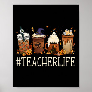 Teacher Horror Fall Coffee Spooky Halloween Pumpki Poster
