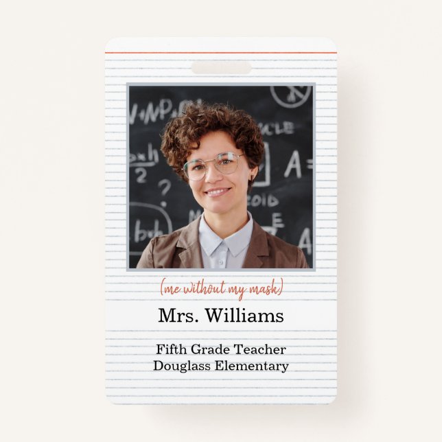Teacher ID Badge with photo, school classroom use (Front)
