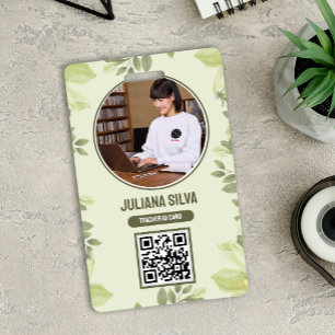 Teacher ID Card in Green Watercolor Floral Style Badge