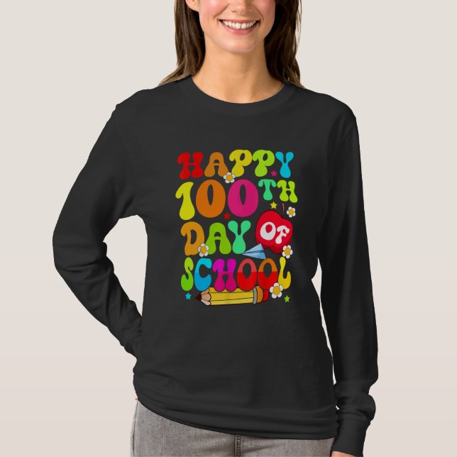 Teacher Kids Retro 100 Days Happy 100th Day Of Sch T-Shirt (Front)