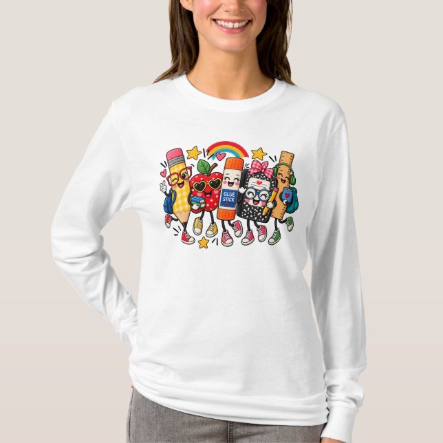 Teacher Life Faux Patchwork, School Supplies T-Shirt (Front)