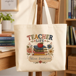 Teacher Life Floral Books Personalised Gift Large Tote Bag