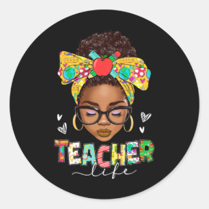 Teacher Life Messy Bun Afro African American Byck Classic Round Sticker
