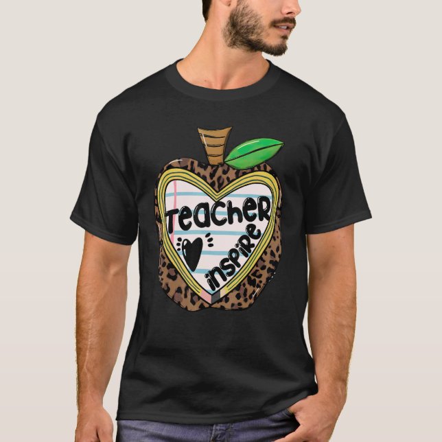 Teacher Loves Inspire Leopard Apple School Life T-Shirt (Front)