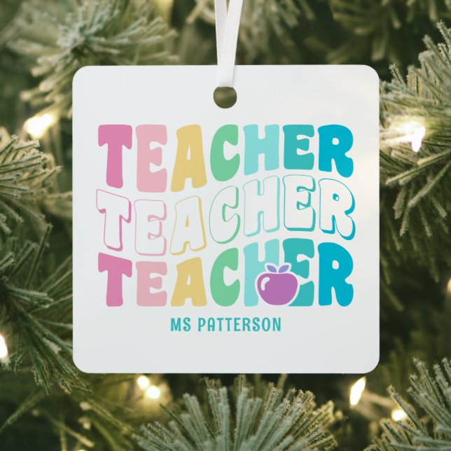Teacher Modern Rainbow Colours Personalised Name Metal Tree Decoration (Insitu)