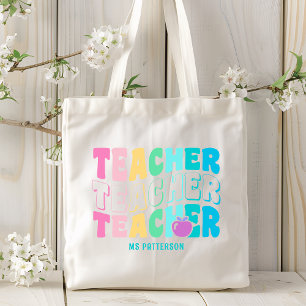 Teacher Modern Rainbow Colours Personalised Name Tote Bag