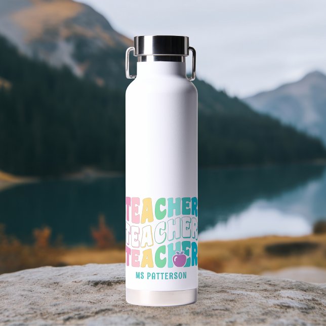 Teacher Modern Rainbow Colours Personalised Name Water Bottle (Creator Uploaded)