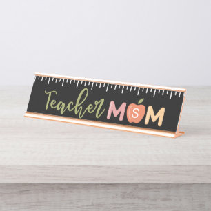 Teacher Mom Homeschooling Ruler & Apple Monogram Desk Name Plate