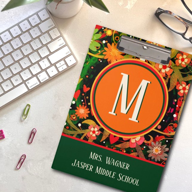 Teacher Monogram Name Floral School Info  Clipboard (Creator Uploaded)
