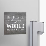 Teacher name chalkboard white typography quote magnet<br><div class="desc">Name and white typography script inspired from the quote "Teachers change the world one child at a time" on blackboard background. Personalise it with your best teacher's name and make it a nice thank you keepsake gift for her/him!</div>