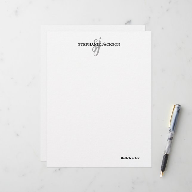 Teacher name elegant quote modern white frame custom letterhead (Front/Back In Situ)
