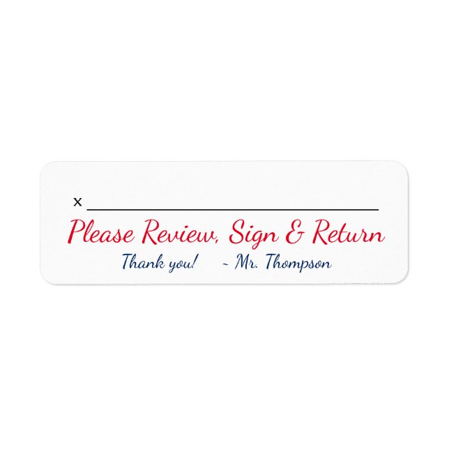 Teacher Name + "Please Review, Sign & Return" (Front)