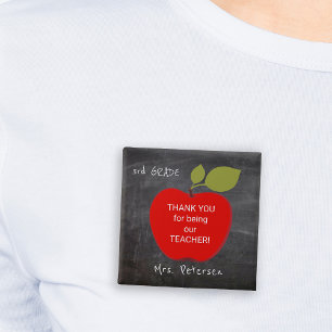 Teacher name   Red apple blackboard thank you 15 Cm Square Badge