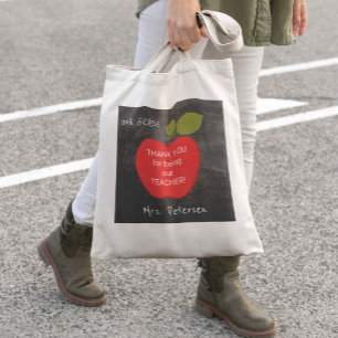 Teacher name   red apple blackboard thank you tote bag