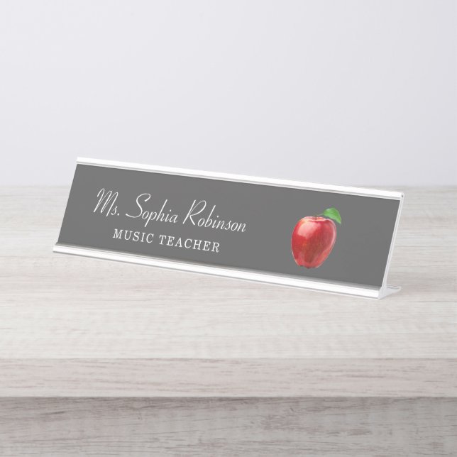 Teacher Name Red Apple White Script Modern Desk Name Plate (Front)