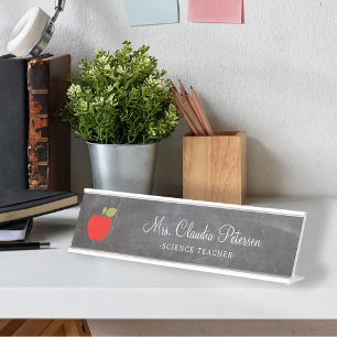 Teacher Name Red Apple White Script on Chalkboard Desk Name Plate