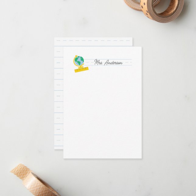 Teacher Note Cards Stationery Cute Globe (Front/Back In Situ)