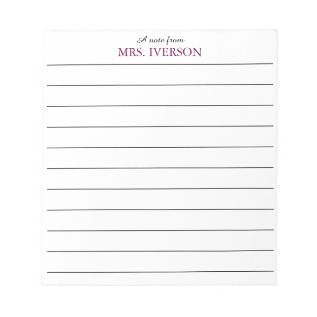 teacher Notepads Simple lined paper "a note from" (Front)