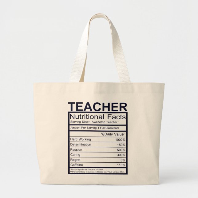 Teacher Nutritional Facts Fun Large Tote Bag (Front)