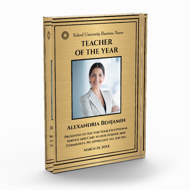 Teacher of the Year Gold Award Logo Personalise  Photo Block (Left)