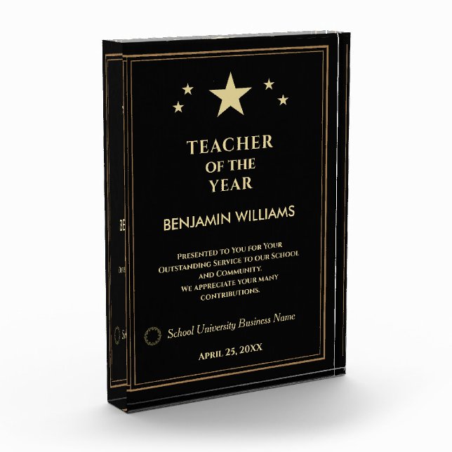 Teacher of the Year Gold Stars Logo Personalise  Photo Block (Left)