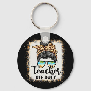 Teacher Off Duty Messy Bun Leopard Glasses Summer Key Ring