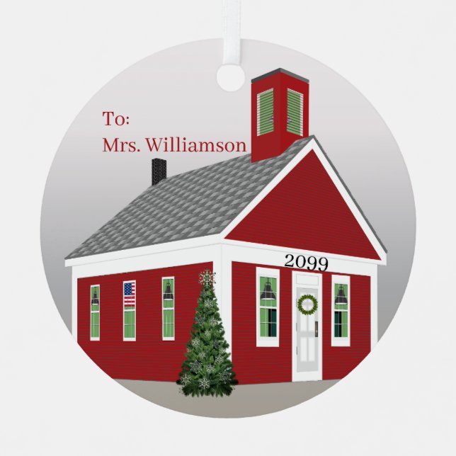 Teacher One Room School House Round Christmas  Metal Tree Decoration (Front)