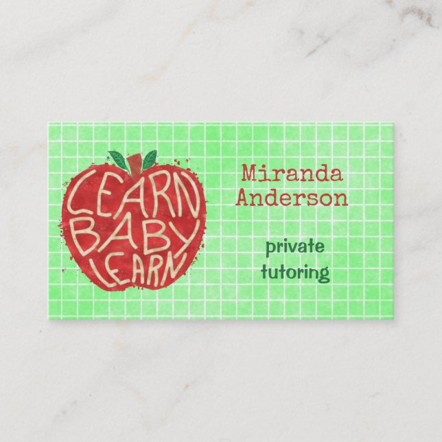 Teacher or Private Tutor Learn Baby Apple and Grid Business Card (Front)