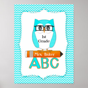 Teacher Owl Chevron Teal Poster