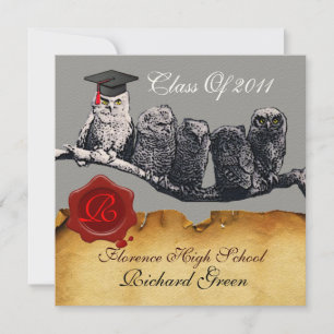 TEACHER OWL GRADUATION PARCHMENT WAX SEAL MONOGRAM INVITATION