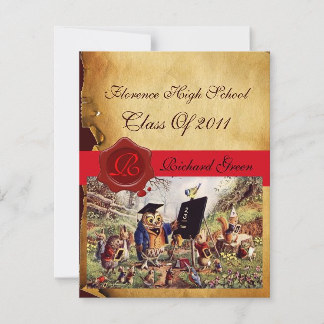 TEACHER OWL GRADUATION PARCHMENT WAX SEAL MONOGRAM INVITATION (Front)