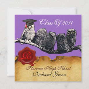TEACHER OWL GRADUATION PARCHMENT WAX SEAL MONOGRAM INVITATION
