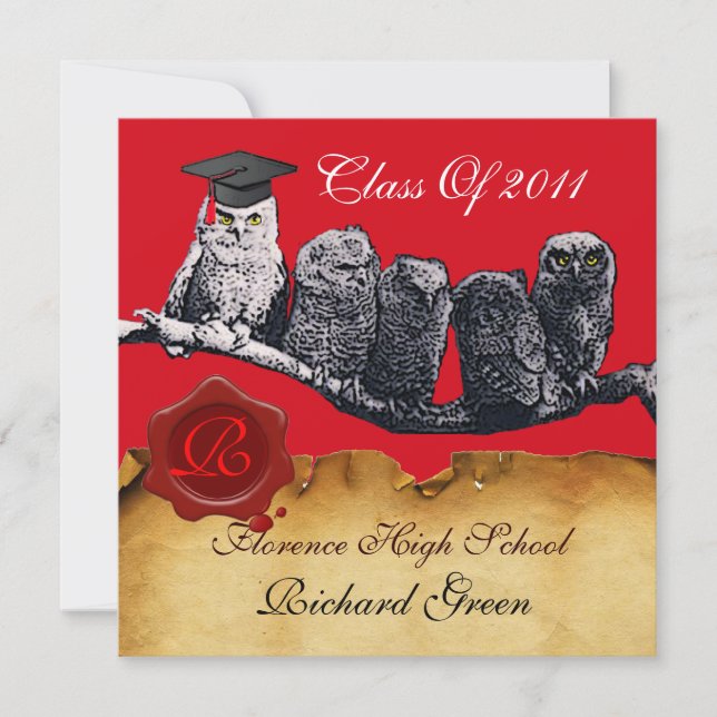 TEACHER OWL GRADUATION PARCHMENT WAX SEAL MONOGRAM INVITATION (Front)