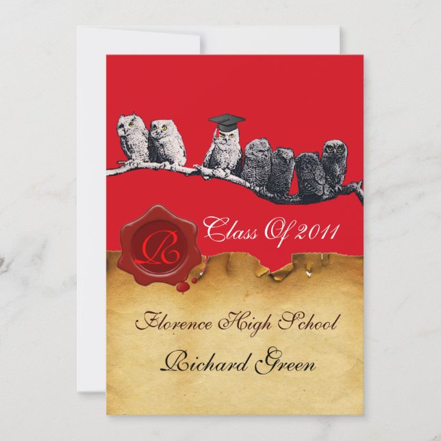 TEACHER OWL GRADUATION PARCHMENT WAX SEAL MONOGRAM INVITATION (Front)